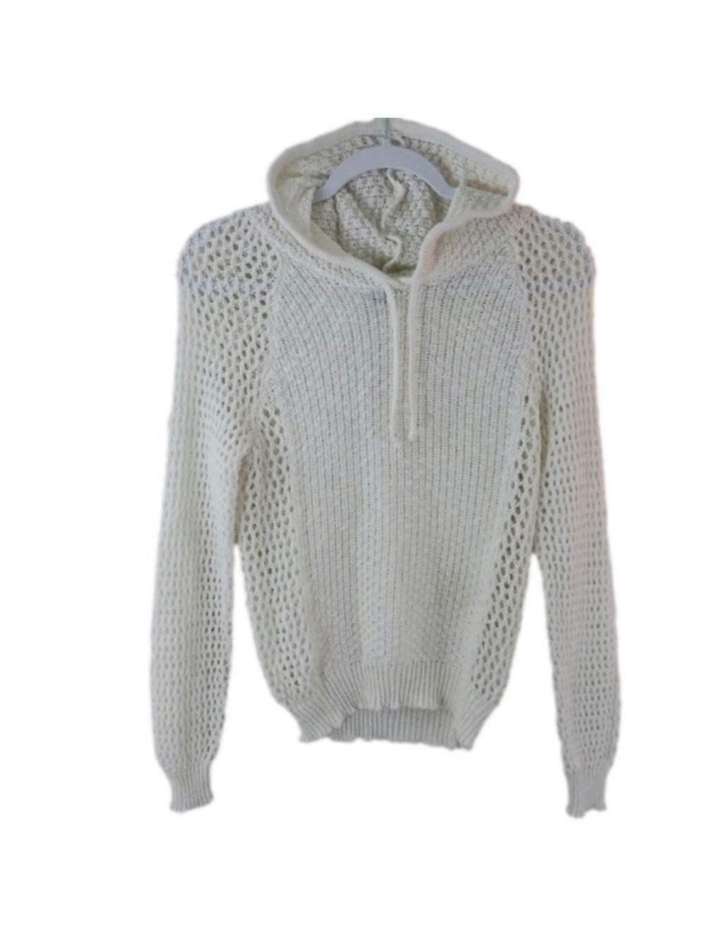Poof! White Crochet Knit Long Sleeve Pullover Drawstring Neckline Hoodie Top
